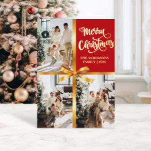 Elegante Rode Vrolijk Kerstmis Gouden Strikers Fot Folie Feestdagenkaart