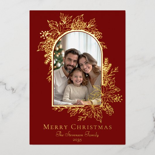 Elegante rode vrolijke kerst foto folie feestdagenkaart (Voorkant)