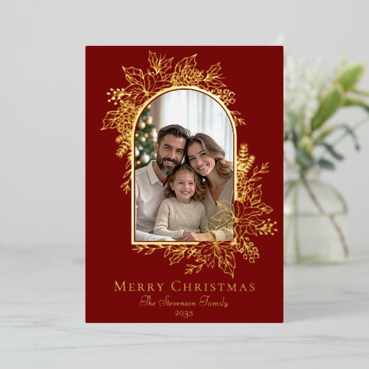 Elegante rode vrolijke kerst foto folie feestdagenkaart (Staand Voorkant)