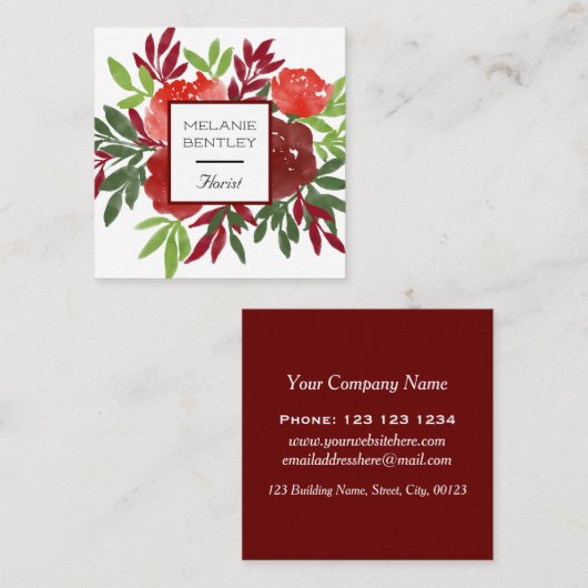 Elegante Rode Waterverf Bloemist Vierkante Visitekaartje (Voorkant / Achterkant)