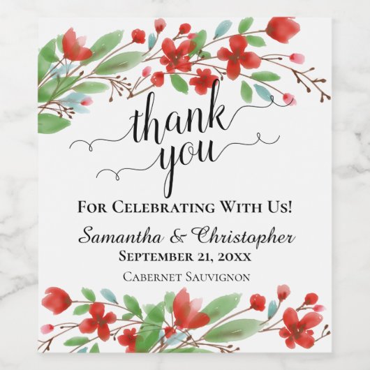 Elegante rode Waterverf bloesems dank u bruiloft Wijn Etiket (Enkel label)