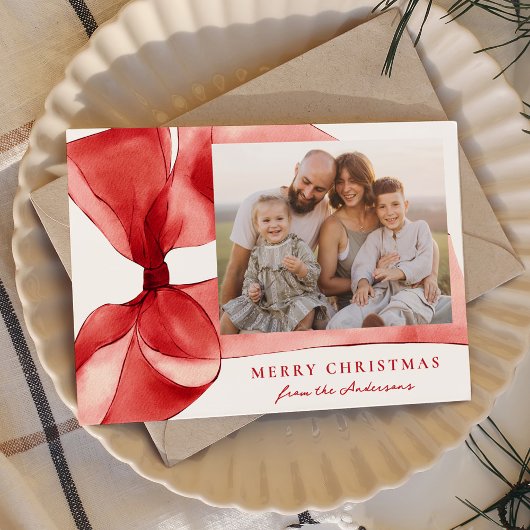 Elegante rode Waterverf boog 2 foto Feestdagenkaart