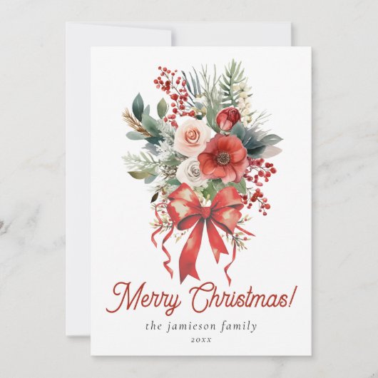 Elegante rode Waterverf boog en boeket kerst Feestdagenkaart (Voorkant)