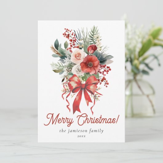 Elegante rode Waterverf boog en boeket kerst Feestdagenkaart (Staand voorkant)