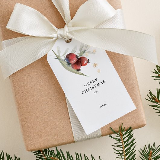 Elegante Rode Waterverf Botanische Bloemen Kerstmi Cadeaulabel