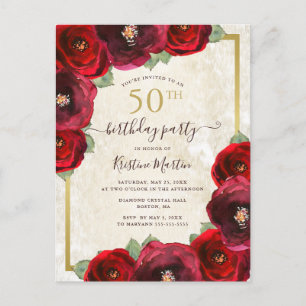Elegante Rode Waterverf Floral Gold 50e Verjaardag Uitnodiging Briefkaart
