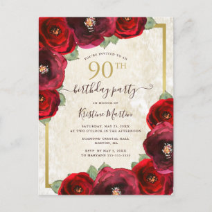 Elegante Rode Waterverf Floral Gold 90ste Verjaard Uitnodiging Briefkaart