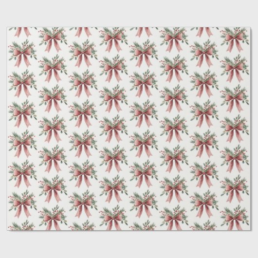Elegante rode Waterverf Holly Bow Pattern Christma Cadeaupapier (Vlak)