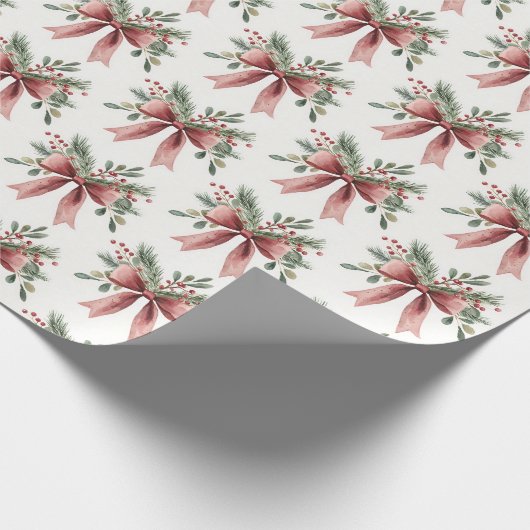 Elegante rode Waterverf Holly Bow Pattern Christma Cadeaupapier (Hoek)