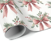 Elegante rode Waterverf Holly Bow Pattern Christma Cadeaupapier (Rol Hoek)