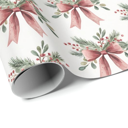 Elegante rode Waterverf Holly Bow Pattern Christma Cadeaupapier (Rol Hoek)