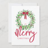 Elegante rode Waterverf kerstkrans één foto Feestdagenkaart (Voorkant)