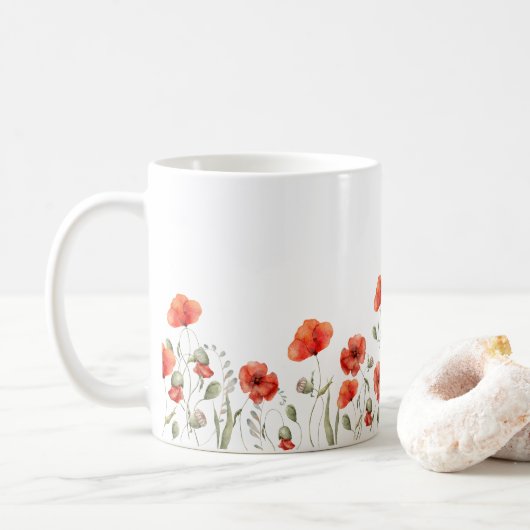 Elegante rode Waterverf Poppy Flowers Koffiemok (Met donut)