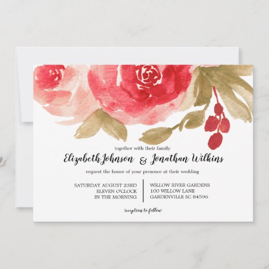 Elegante Rode Waterverf Roos Trouwceremonie Kaart (Voorkant)