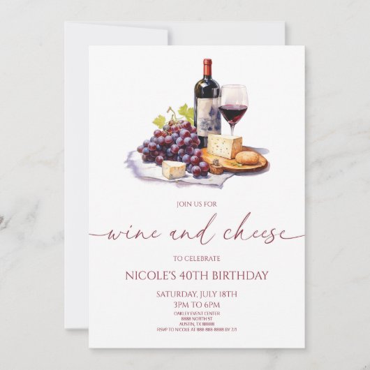 Elegante rode wijn en kaas verjaardagsfeest kaart (Voorkant)