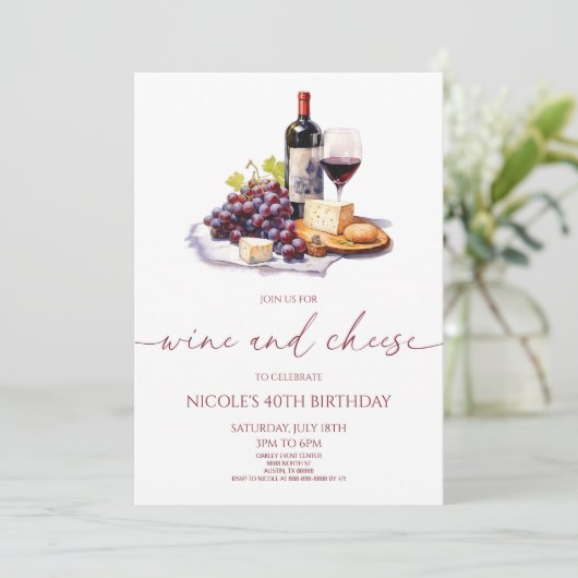 Elegante rode wijn en kaas verjaardagsfeest kaart (Staand voorkant)