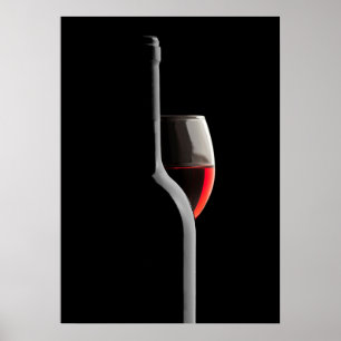 Elegante rode wijn glas & fles. Zwarte achtergrond Poster