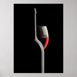 Elegante rode wijn glas & fles. Zwarte achtergrond Poster