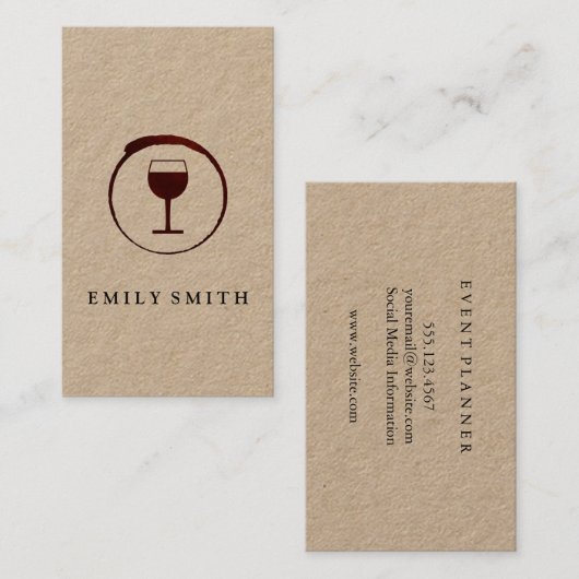 Elegante rode wijnvlek met wijnglas visitekaartje (Voorkant / Achterkant)
