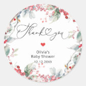 Elegante rode winter bloementuin Baby shower Dank  Ronde Sticker (Voorkant)