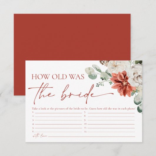 Elegante rode winter hoe oud was het bruidspel informatiekaartje (Voorkant / Achterkant)