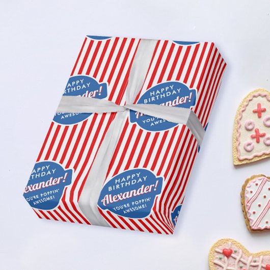 Elegante Rode Wit Blauwe Popcorn Gestreepte Patroo Cadeaupapier