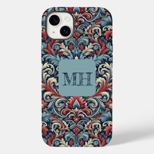 Elegante rode, witte en blauwe damast met monogram Case-Mate iPhone case (Achterkant)