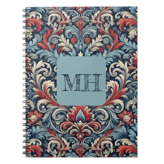 Elegante rode, witte en blauwe damast met monogram notitieboek (Voorkant)