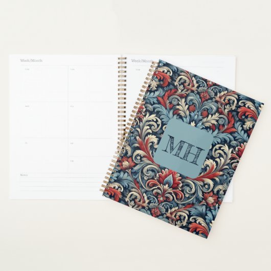 Elegante rode, witte en blauwe damast met monogram planner (Display)