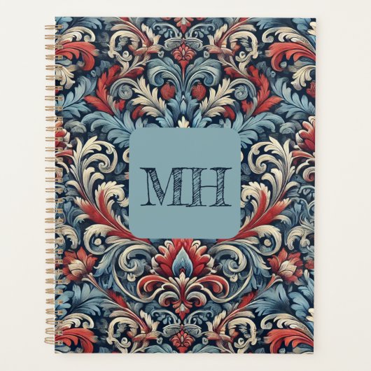 Elegante rode, witte en blauwe damast met monogram planner (Voorkant)