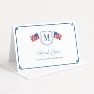 Elegante Rode Witte En Blauwe Monogram Wapenschild Bedankkaart
