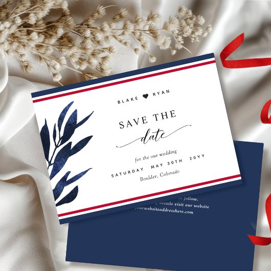 Elegante rode, witte en blauwe strepen, Leaf Weddi Save The Date