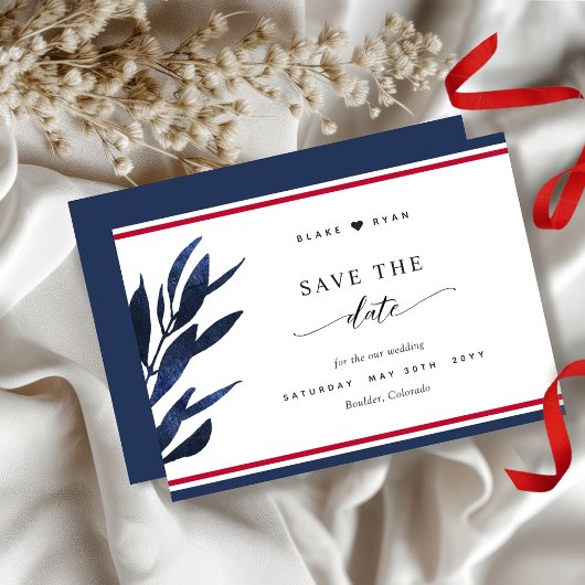 Elegante rode, witte en blauwe strepen, Leaf Weddi Save The Date