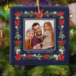 Elegante Rode Witte Flora Vakantie Krans Foto Keramisch Ornament