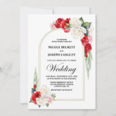 Elegante rode witte roos bloemenboog bruiloft kaart (Voorkant)