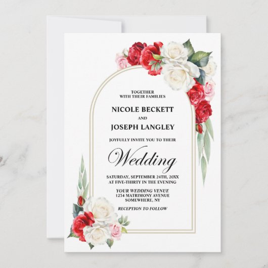 Elegante rode witte roos bloemenboog bruiloft kaart (Voorkant)
