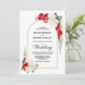 Elegante rode witte roos bloemenboog bruiloft kaart (Staand voorkant)