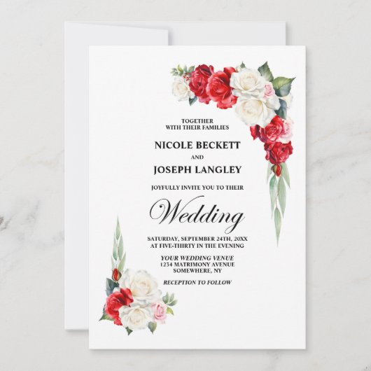 Elegante rode witte roos bloemenbruiloft kaart (Voorkant)