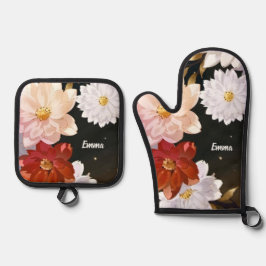 Elegante rode & witte Waterverf bloemenpatroonnaam Ovenwant & Pannenlap Set