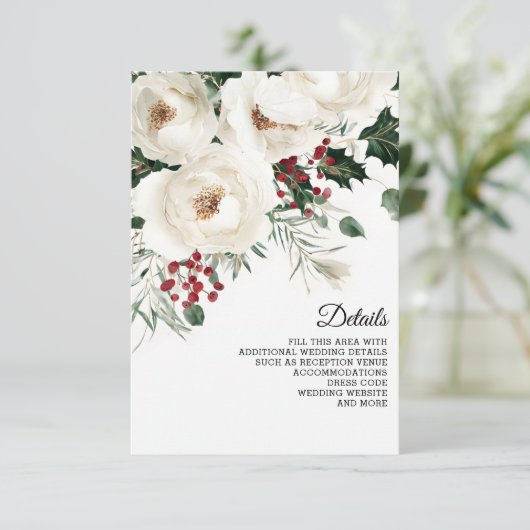 Elegante rode witte winter kerst bruiloft informatiekaartje (Staand voorkant)