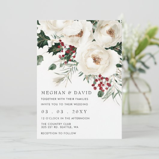 Elegante rode witte winter kerst bruiloft kaart (Staand voorkant)