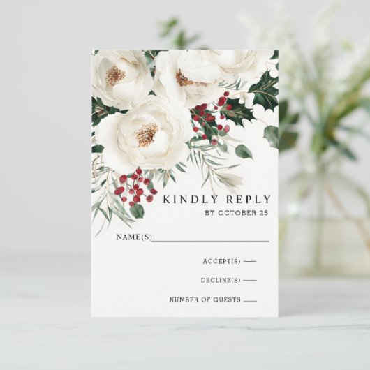 Elegante rode witte winter kerst bruiloft RSVP kaartje (Staand voorkant)