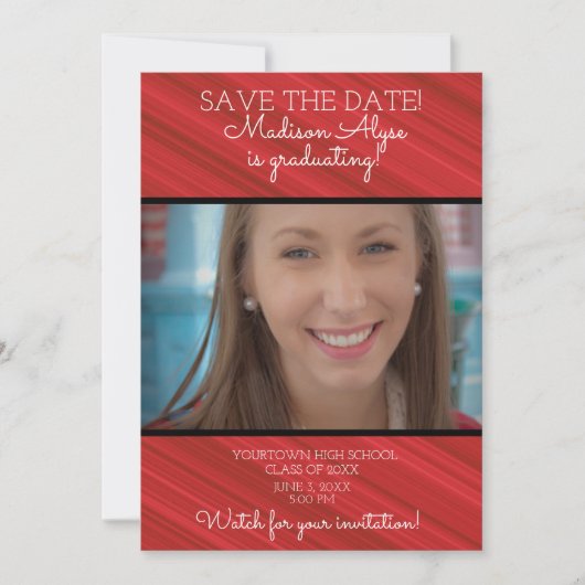 Elegante rode witte zwarte gestreepte afstuderen save the date (Voorkant)