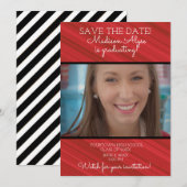 Elegante rode witte zwarte gestreepte afstuderen save the date (Voorkant / Achterkant)
