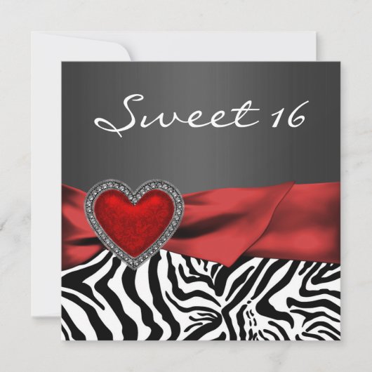 Elegante Rode Zebra Sweet 16 Feest Kaart (Voorkant)