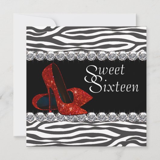 Elegante rode Zebra Sweet 16 Party Invitation Kaart (Voorkant)