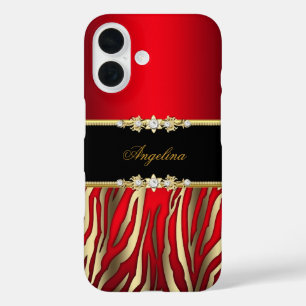 Elegante Rode Zebra Zwart Goud iPhone 16 Hoesje