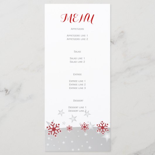 Elegante rode, zeer sneeuwvlokken bruiloft Menukaa Menu (Achterkant)