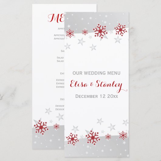 Elegante rode, zeer sneeuwvlokken bruiloft Menukaa Menu (Voorkant / Achterkant)