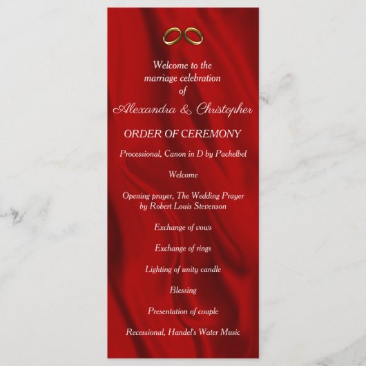 Elegante rode zijde trouwringen programma programmakaart (Voorkant)